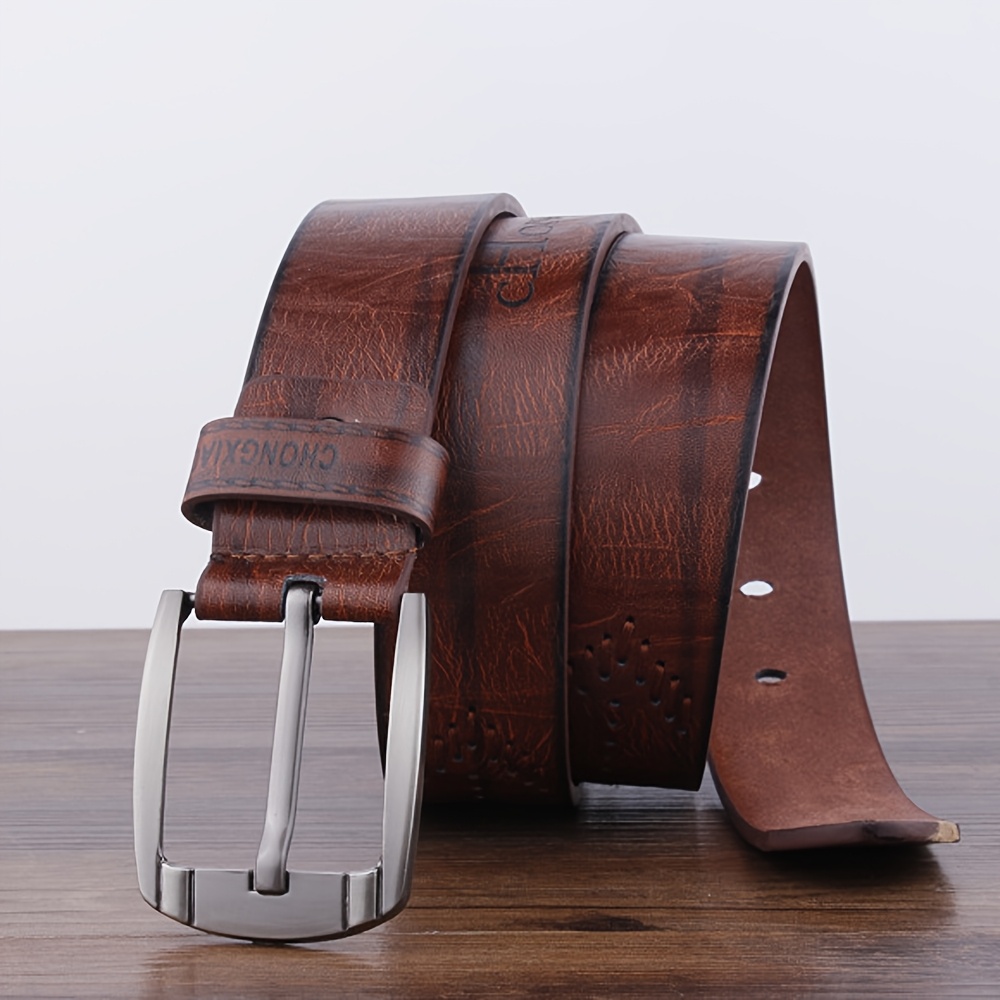 Men's Vintage Brown Faux Leather Belt with Metallic Buckle